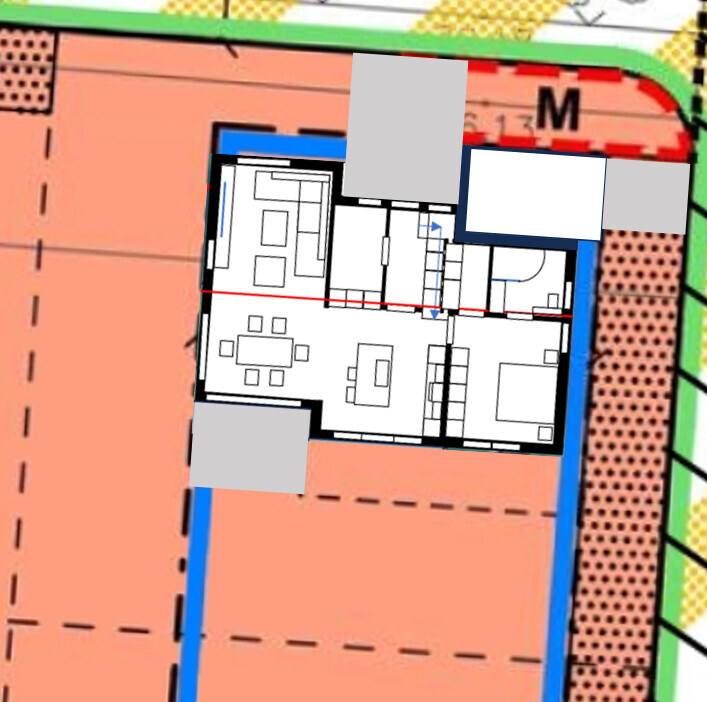 Grundriss eines Apartments mit Wohnzimmer, Essbereich, Küche und Schlafzimmer auf farbigem Lageplan.