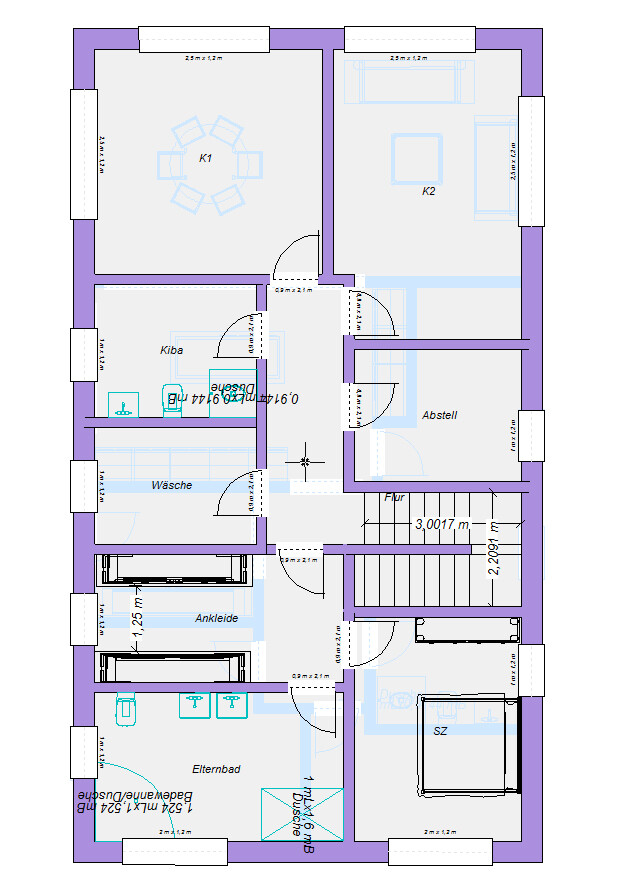 Grundriss eines Hauses mit zwei Kinderzimmern, Elternbad, Ankleide, Wäsche, Abstell, Flur