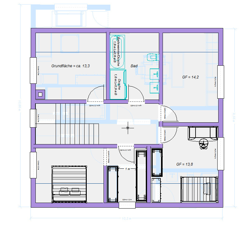 Grundriss eines Hauses mit Bad, Flur, Schlafzimmer und Wohnzimmer.