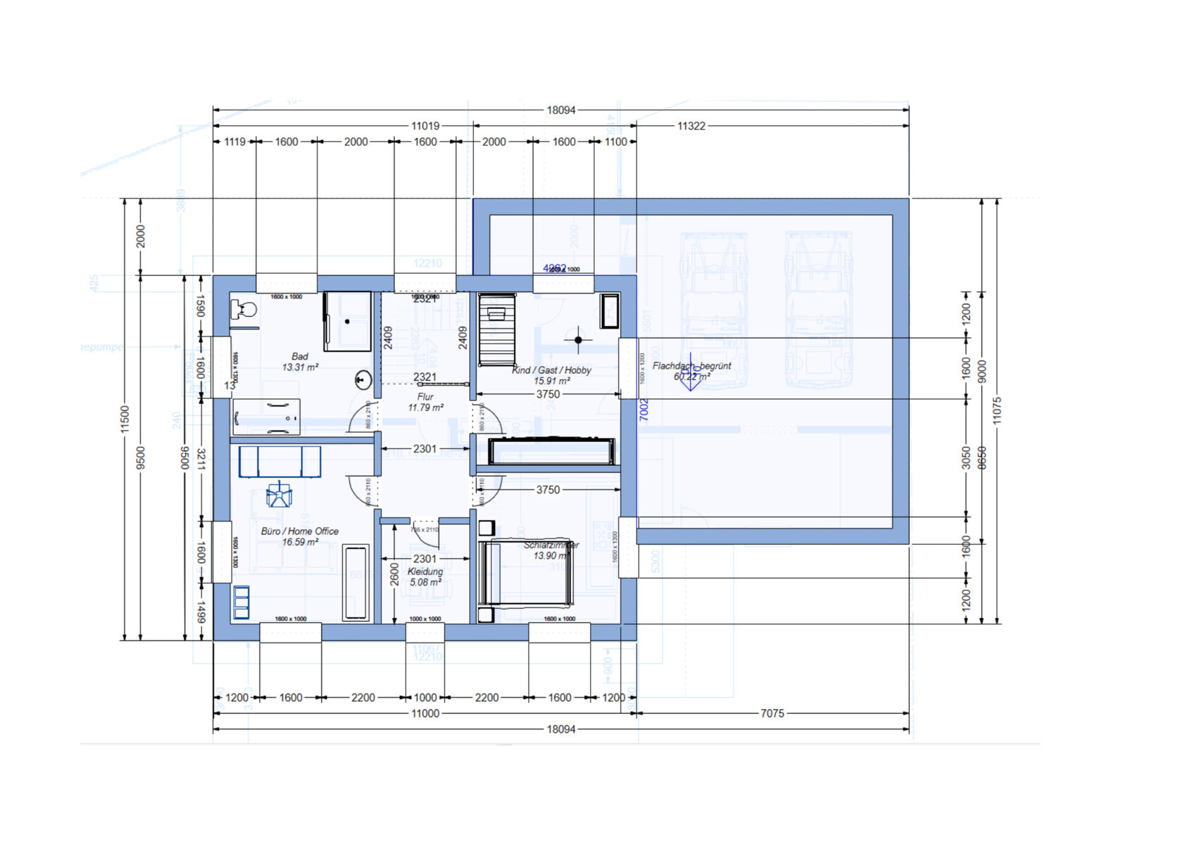 Grundriss eines Hauses mit Bad, Büro, Flur, Kinderzimmer und Doppelgarage.