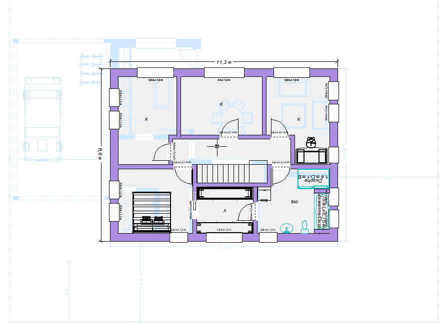 Architektur-Plan des Obergeschosses eines Hauses mit Treppe, mehreren Zimmern, Bad und Küche.