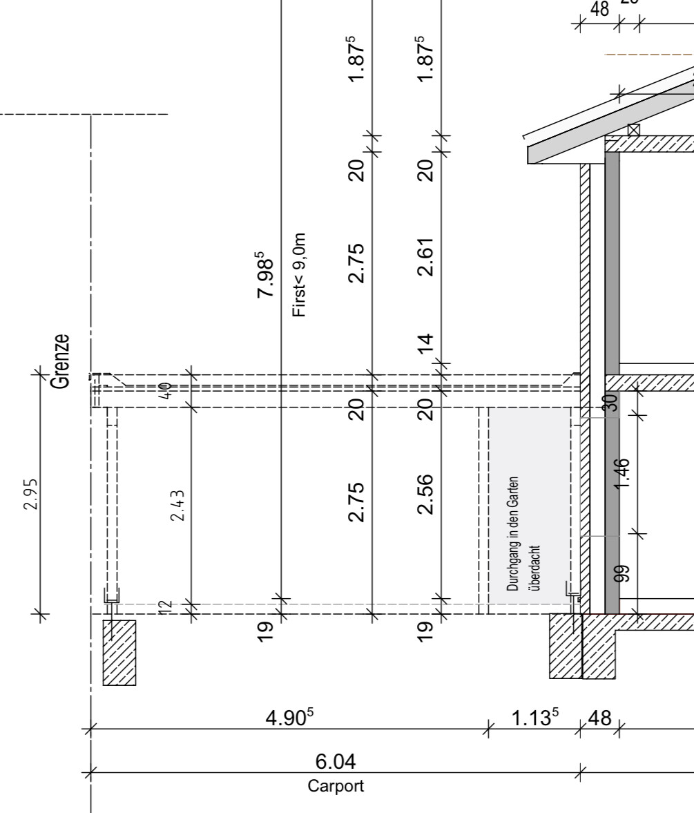 Technische Zeichnung eines Grundrisses mit Carport, Garten, Grenzlinie und Maßangaben.