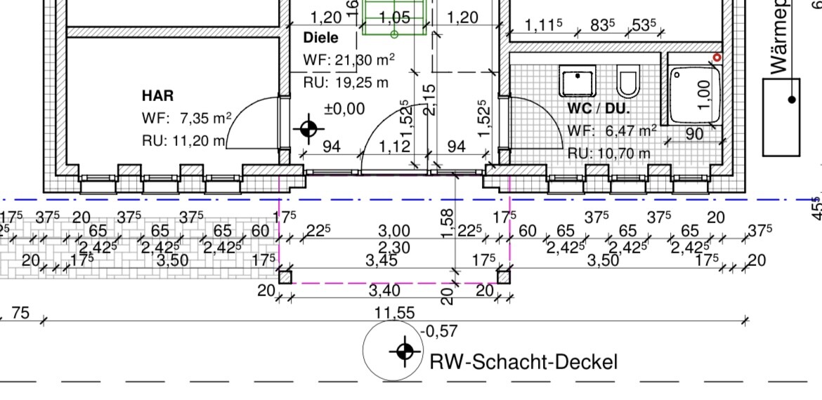 Kellergeschoss-Grundriss mit Diele, HAR (Hausanschlussraum) und WC/DU, Maßangaben in mm