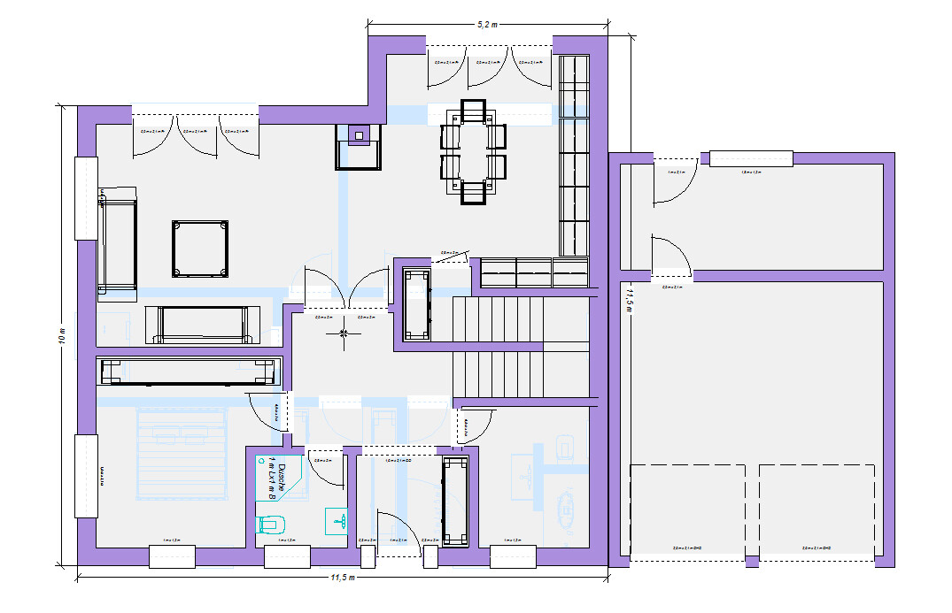 Grundriss eines Hauses: Räume wie Wohnzimmer, Küche, Schlafzimmer, Bad, Treppenhaus und Garage.