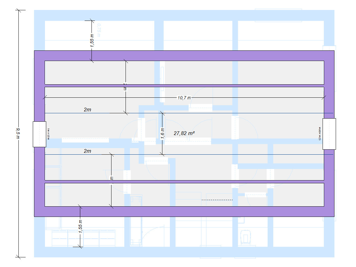 Grundriss eines Bauplans: grauer Innenraum, 27,82 m², von breitem violettem Rahmen umgeben.