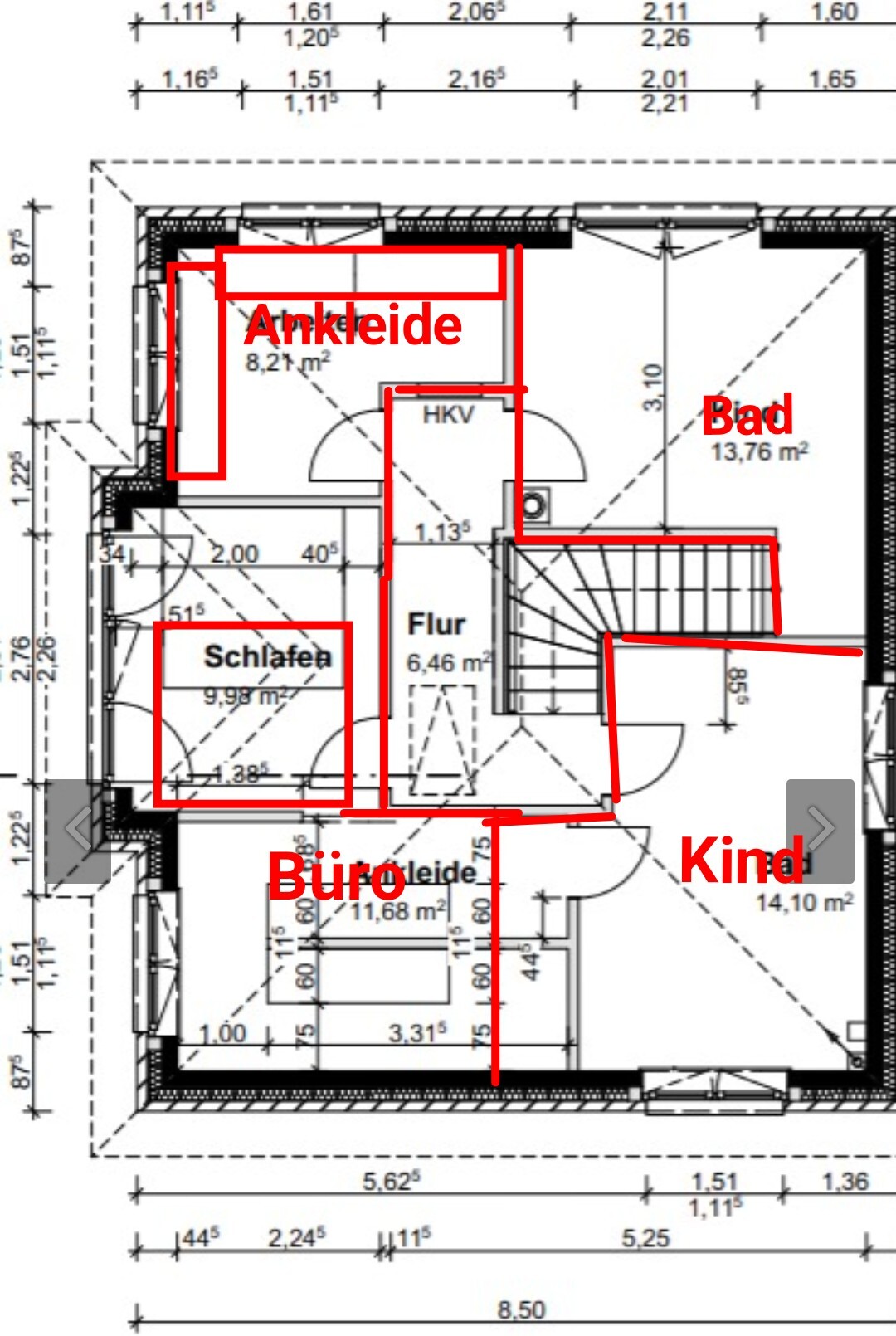 Grundriss: Schlafzimmer, Ankleide, Bad, Büro, Kind, Flur; rote Umrisse