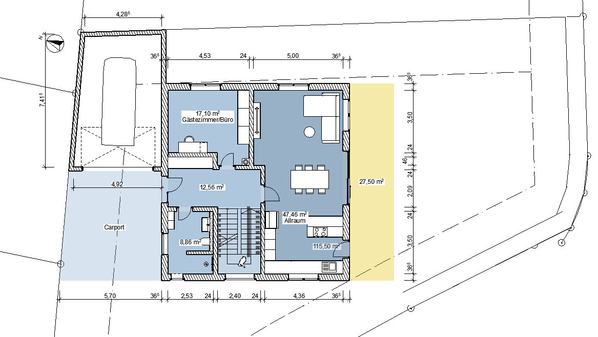 Grundriss eines Hauses: Carport links, Gästezimmer/Büro, offener Wohn-/Essbereich, Terrasse rechts.