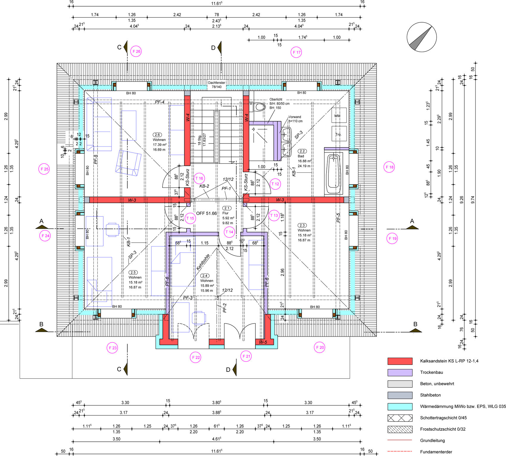 Architektur-Grundriss eines Hauses mit Zimmern, Türen, Treppen und Maßen.