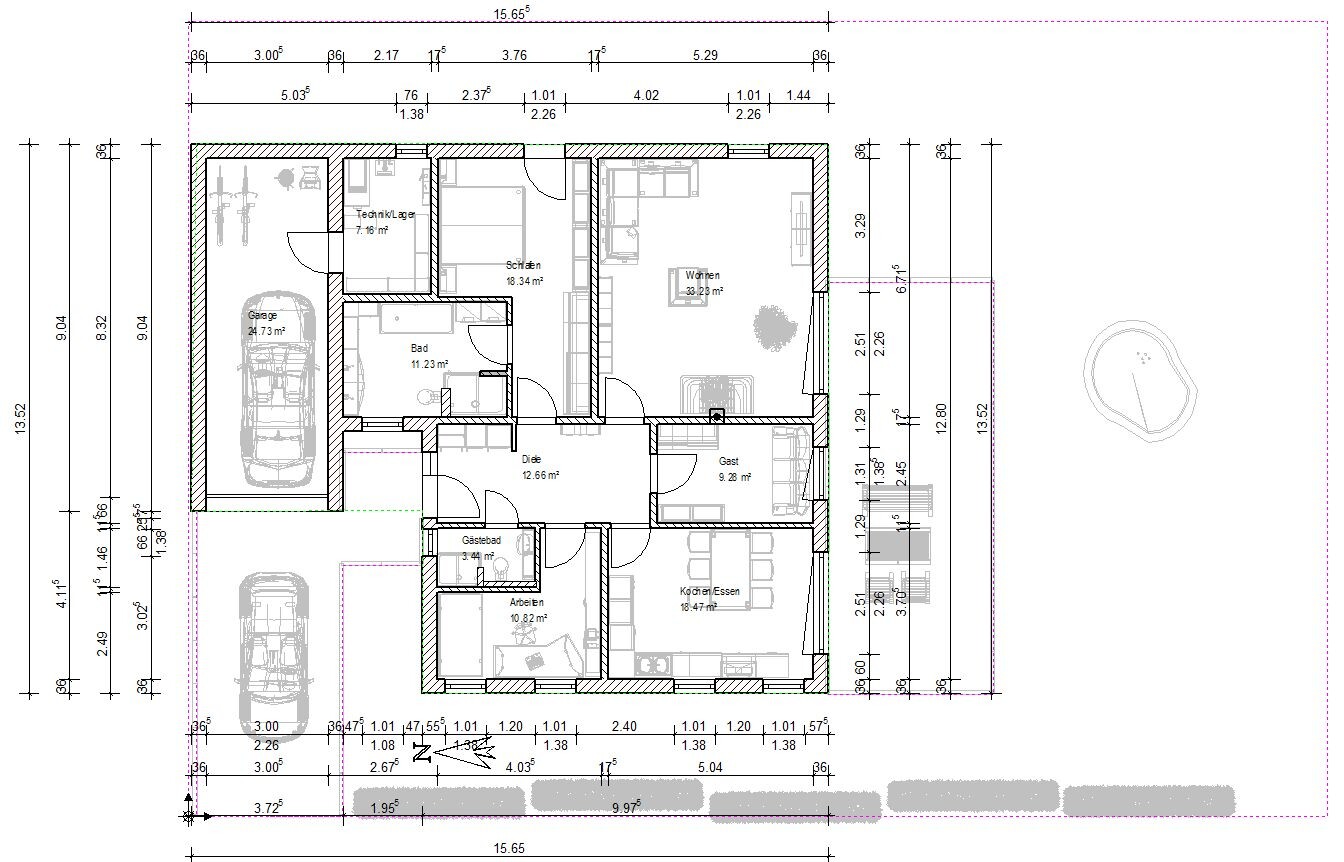 Grundriss eines Hauses mit Garage, Schlafen, Wohnen, Kochen/Essen, Gast, Arbeiten und Außenbereich.