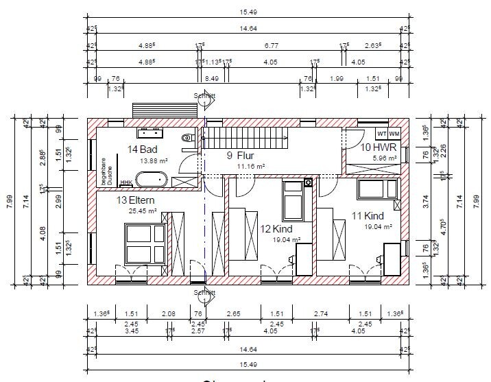 Grundriss eines Hauses, Obergeschoss: Eltern- und zwei Kinderzimmer, Bad, Flur und HWR.