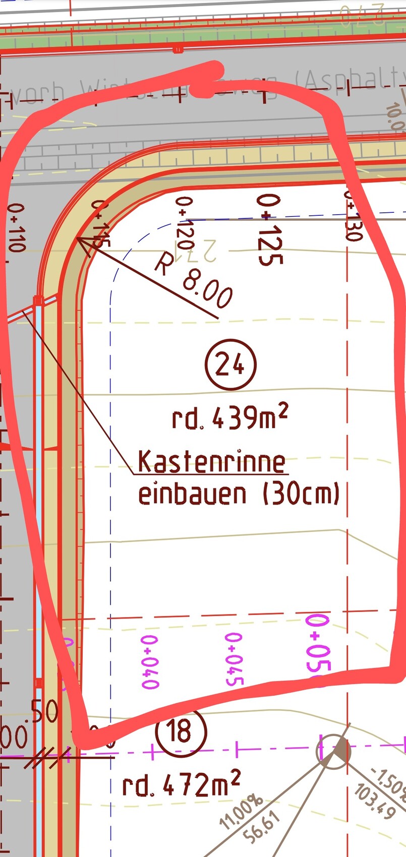Technischer Bauplan-Ausschnitt mit roter Umrandung; Hinweis: Kastenrinne einbauen (30 cm).