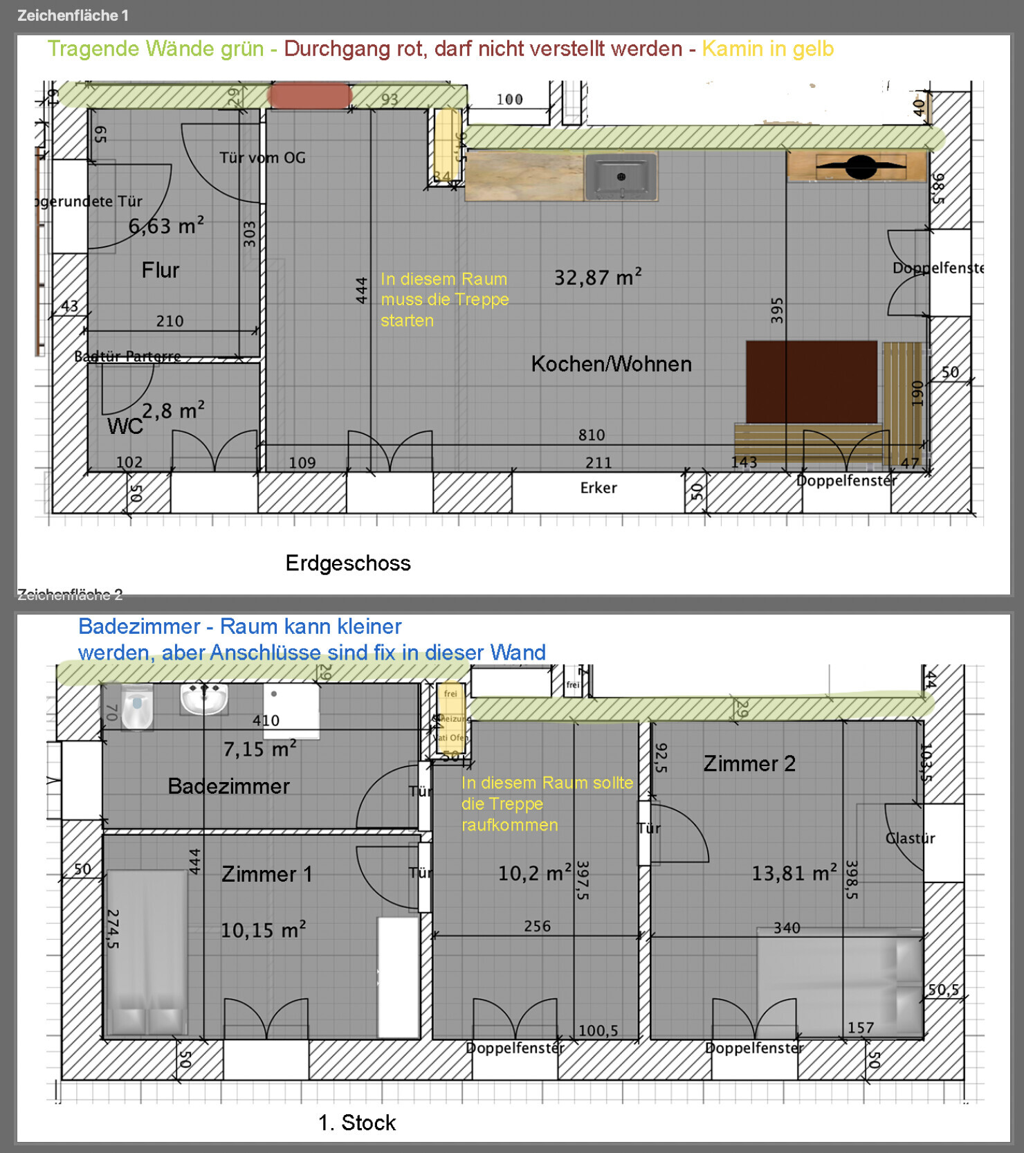 Grundriss eines zweistöckigen Hauses: EG Kochen/Wohnen, Flur, WC; OG Bad, Zimmer 1–2.