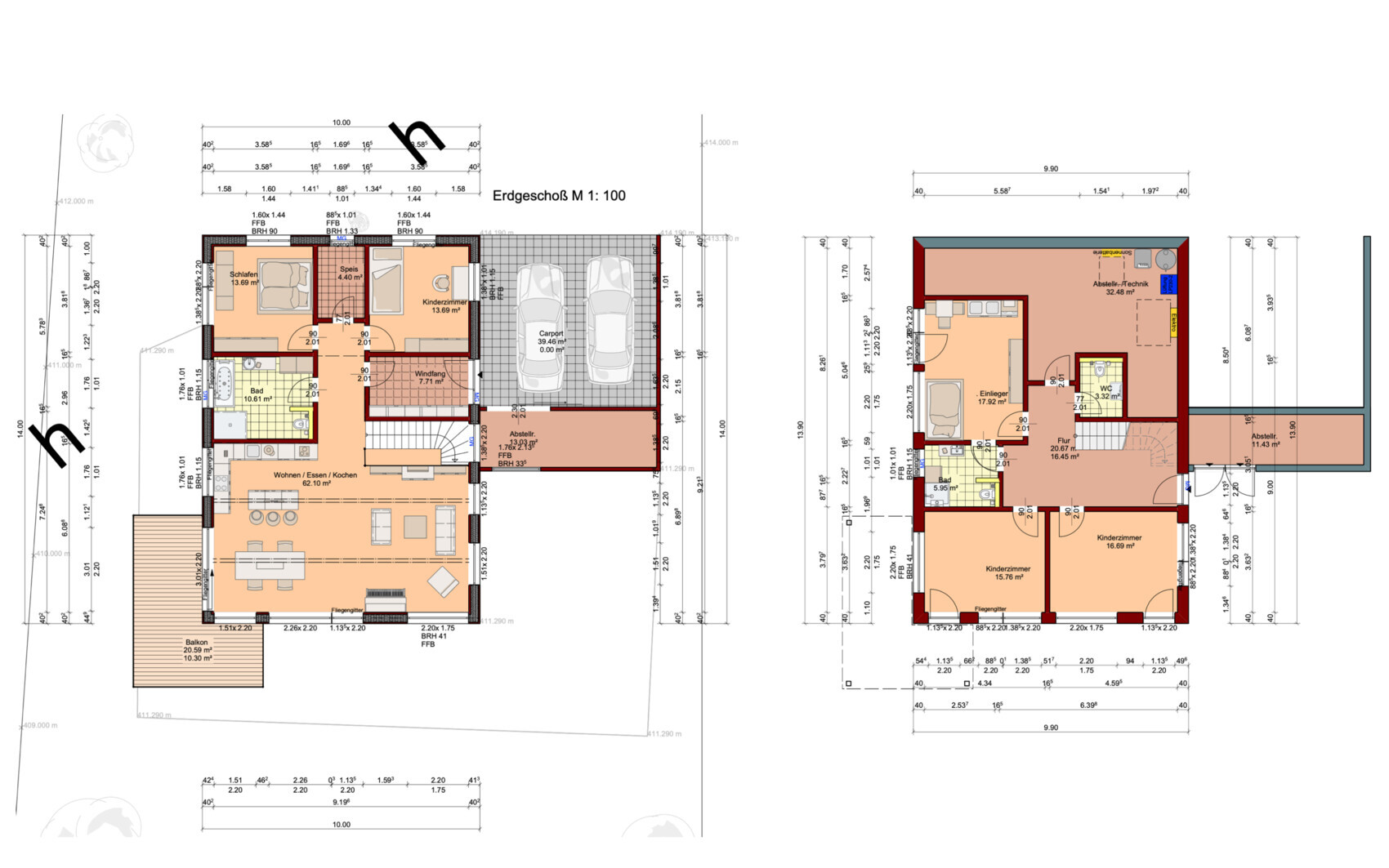 Grundriss eines Hauses mit Erdgeschoss und Obergeschoss: Wohnraum, Küche; Schlafzimmer.