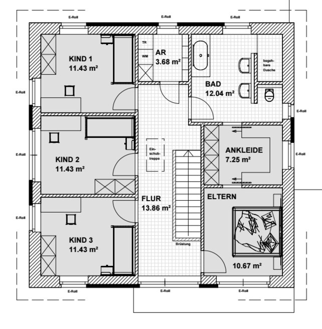 Grundriss eines Hauses: Flur, Elternzimmer mit Ankleide, 3 Kinderzimmer, Bad, Abstellraum.