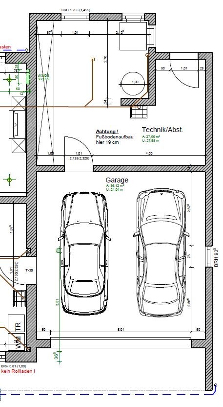 Grundriss: Garage mit zwei Autos, Technik-/Abst.-Bereich, Türen und Maße