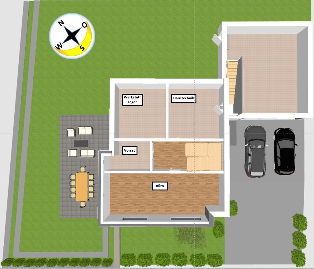Bürogebäude mit Terrasse und Garten; Räume: Büro, Vorrat, Werkstatt, Haustechnik.