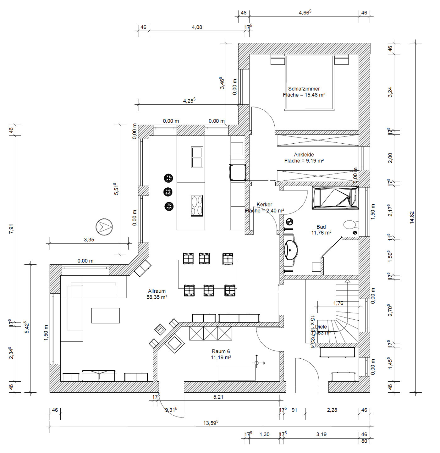 Grundriss eines Hauses: offene Küche mit Insel, Essbereich, Sofa, Schlafzimmer mit Ankleide, Bad.