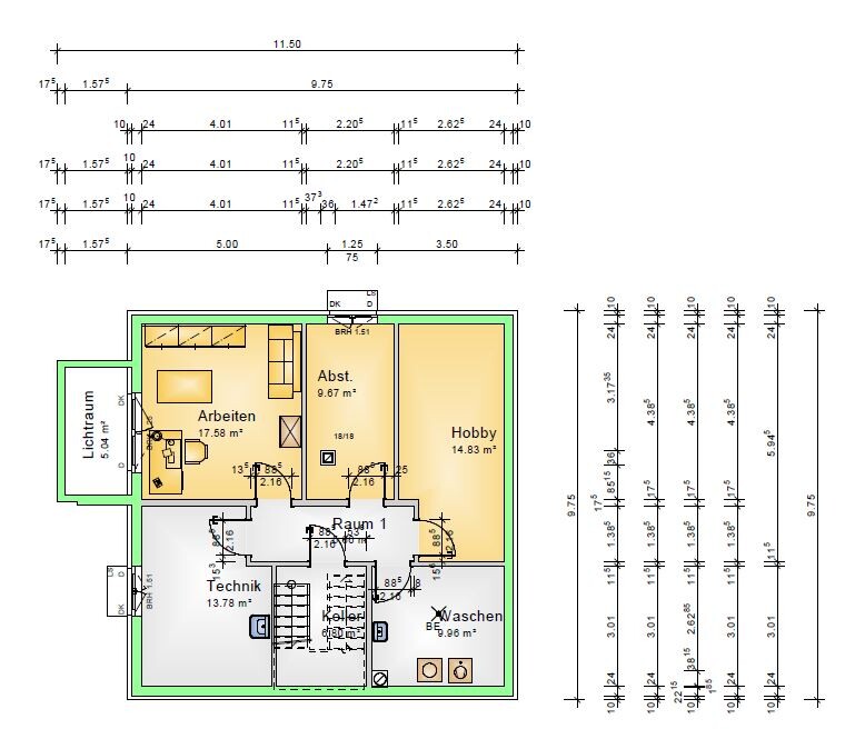 Grundriss eines Hauses mit Arbeits-, Technik-, Waschen-, Hobbyraum und Abstellraum sowie Lichtraum.