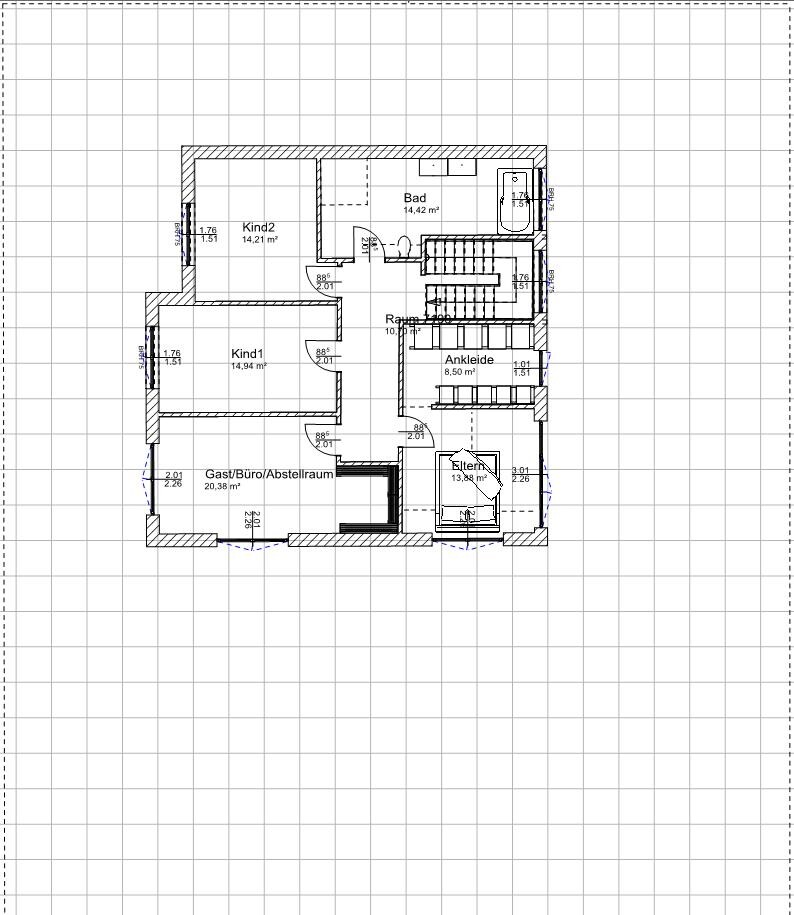 Grundriss eines Hauses: Eltern, zwei Kinderzimmer, Gast/Büro/Abstellraum, Bad, Ankleide, Treppe.