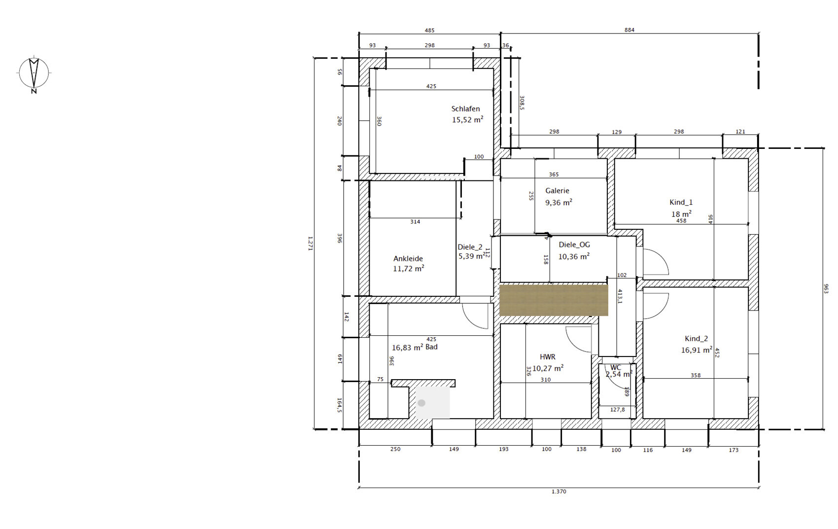 Grundriss eines Hauses: Schlafen, zwei Kinderzimmer, Bad, Diele, Galerie, Ankleide, HWR, WC