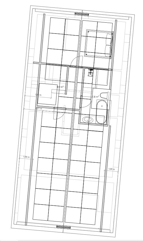 Grundriss einer Wohnung mit Wänden, Türen, Bad und Maßangaben.