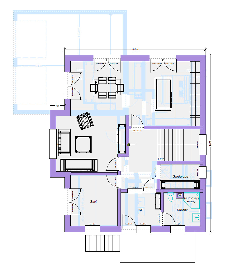 Grundriss eines Hauses: Wohn- und Essbereich, Flur, Garderobe, Dusche und Gästezimmer.