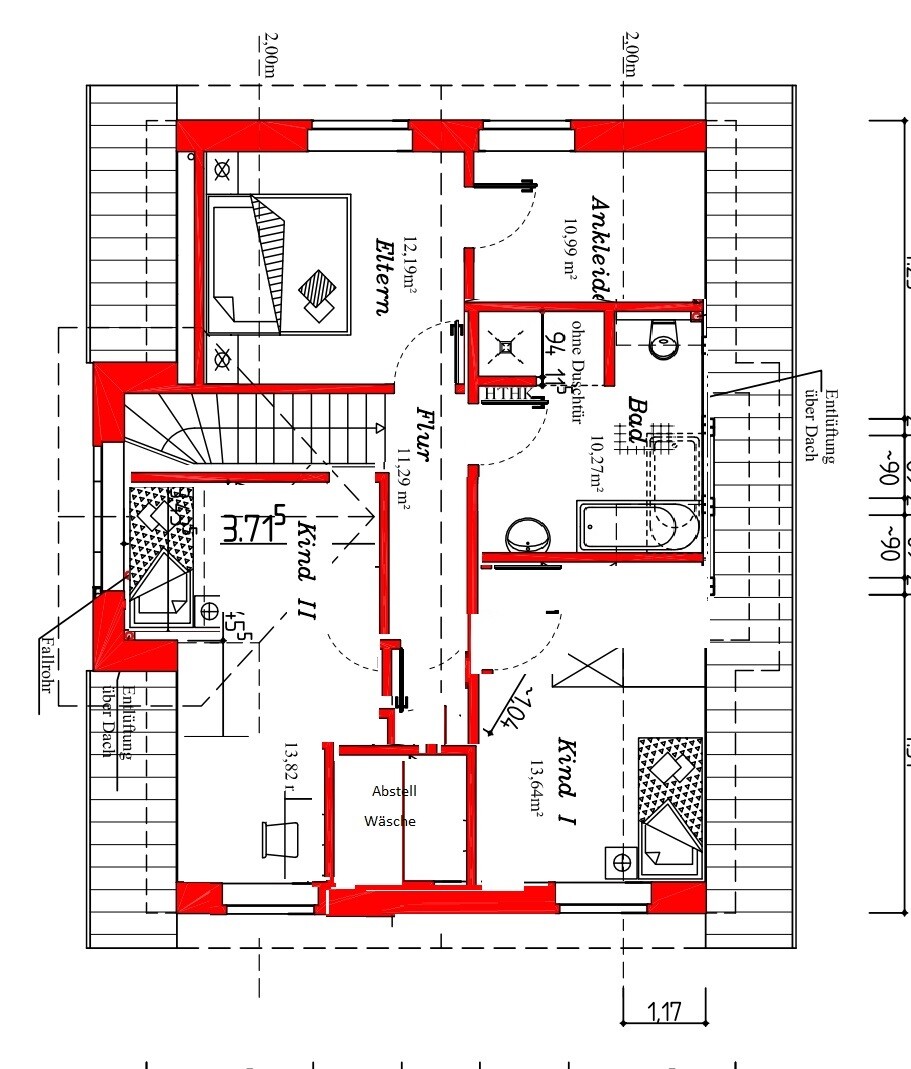 Grundriss Obergeschoss: Flur, Eltern, Kinderzimmer, Bad, Ankleide, Abstellraum, Waesche, Treppe.