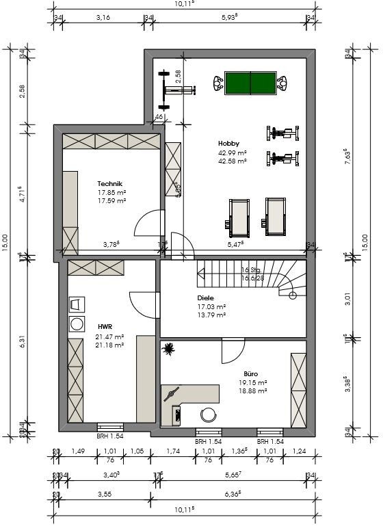 Grundriss eines Stockwerks mit Hobby-, Büro-, Technik- und HWR-Räumen, Diele.