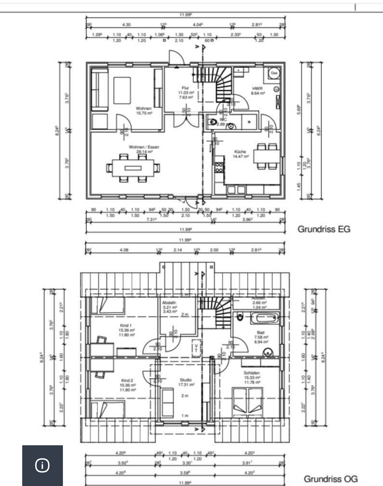 Grundriss eines Hauses: EG mit Wohnen, Essen, Küche; OG mit Schlafzimmern und Bad.