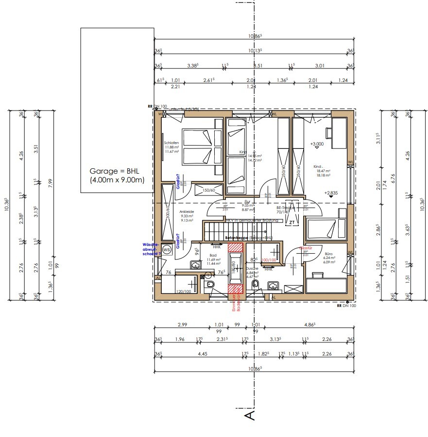 Detaillierter Grundriss eines Hauses mit Schlafzimmer, Kinderzimmer, Bad, Küche und Garage, Maße