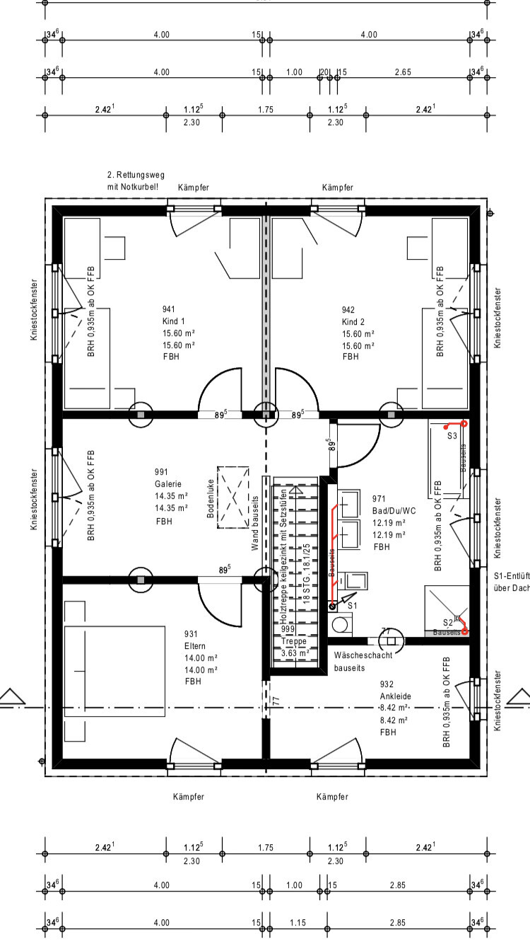 Grundriss eines Hauses: Elternzimmer, zwei Kinderzimmer, Galerie, Bad/WC, Ankleide, Treppenhaus.
