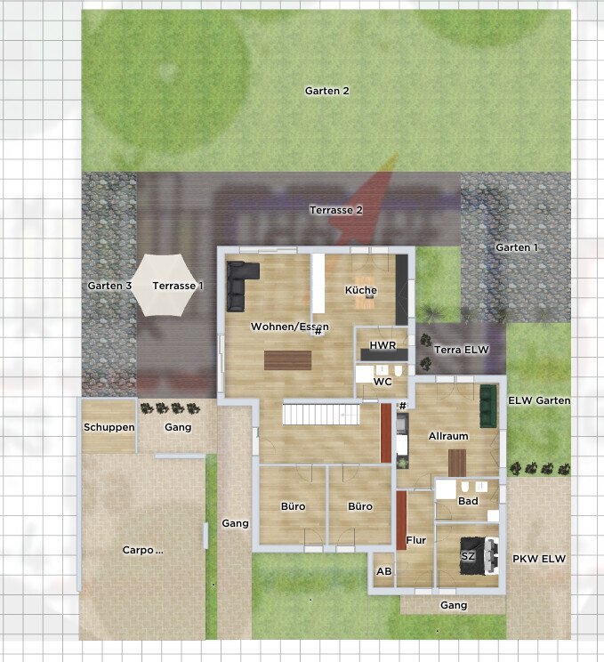 Grundriss eines Hauses mit Garten, Terrassen, Küche, Wohnen, Büro, Bad und Flur.