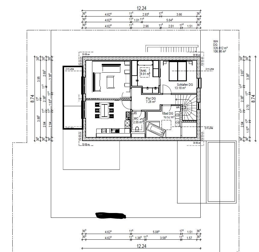 Grundriss Dachgeschoss: Küche, Essbereich, Wohnzimmer, Flur, Bad, WC, Schlafraum, Ankleide