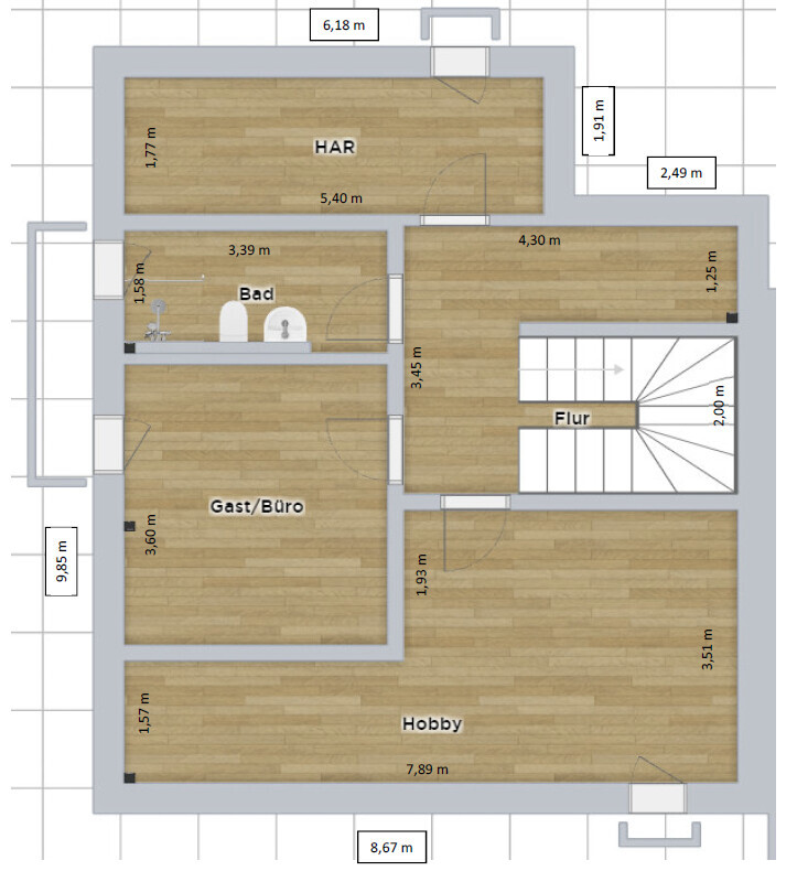 Grundriss eines Hauses: Flur, Treppenhaus, Hobby, Gast/Büro, Bad und HAR.
