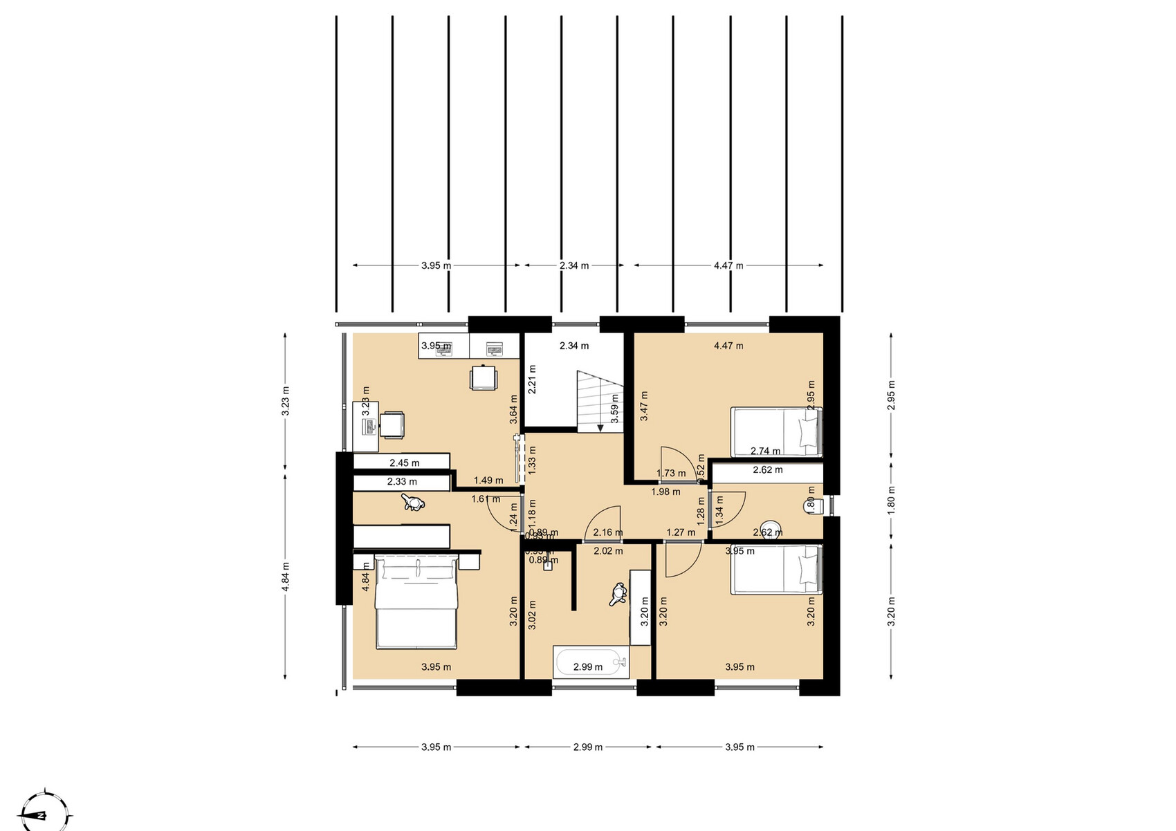 Grundriss eines Einfamilienhauses: Küche, Wohnzimmer, Flur, 3 Schlafzimmer, Bad, Treppenhaus.