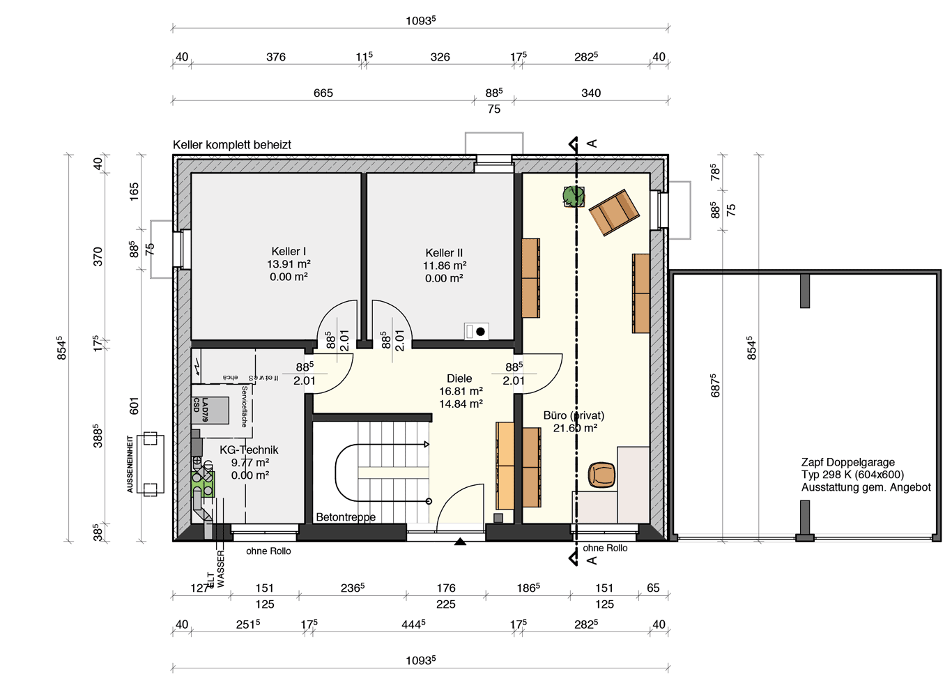 Grundriss Kellergeschoss: Keller I & II, Diele, Büro privat, KG-Technik, Treppenhaus, Garage