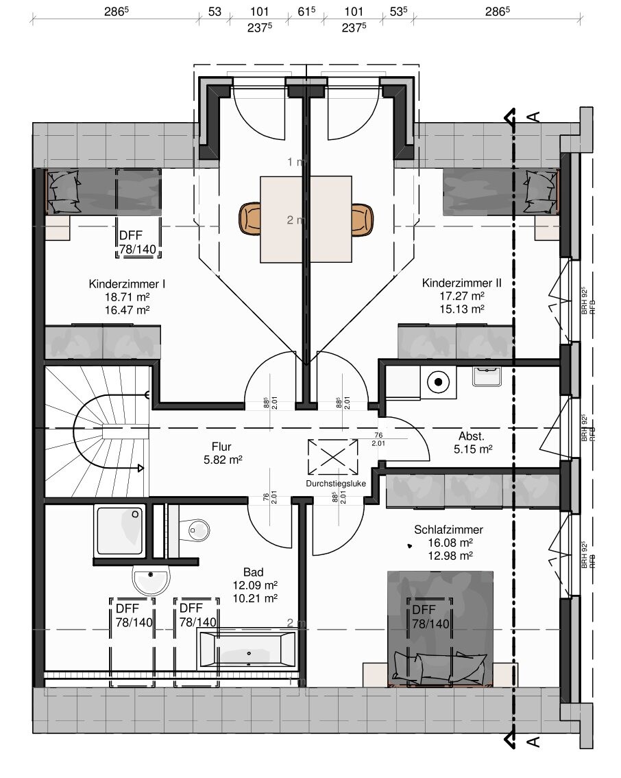 Grundriss eines Hauses mit zwei Kinderzimmern, Schlafzimmer, Bad, Flur und Abstellraum.
