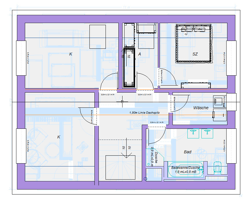 Grundriss eines Wohnungsplans mit Küche(K), SZ, Bad/Dusche, Wäsche und Treppe.