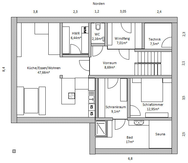 Grundriss eines Hauses: Küche/Essen/Wohnen, Windfang, Vorraum, WC, HWR, Technik, Bad, Sauna