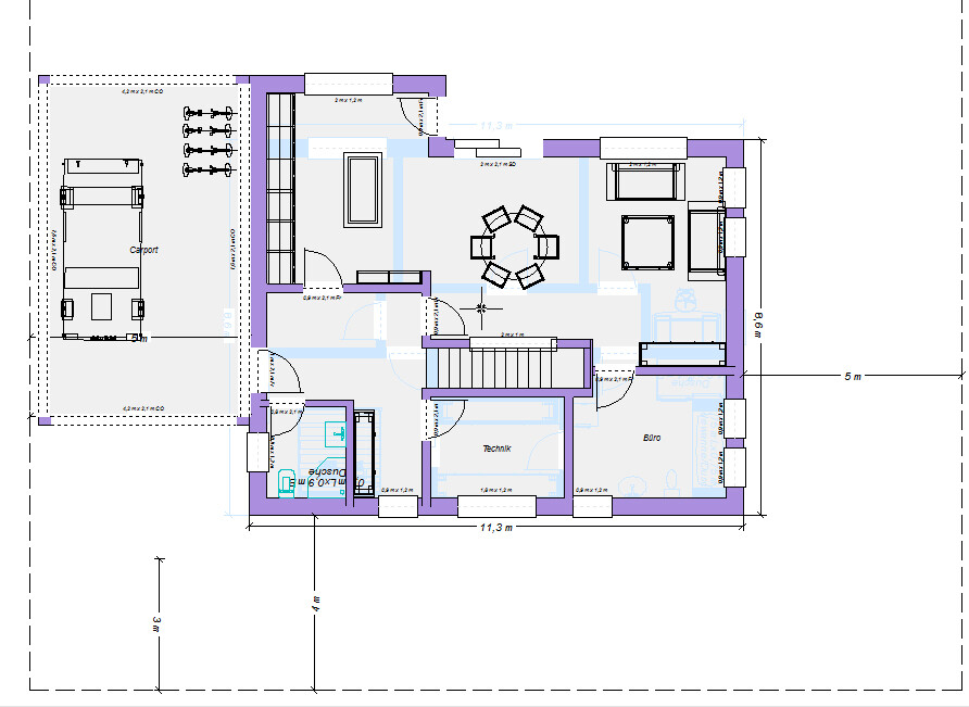 Grundriss eines Hauses: Carport links, zentraler Wohn-/Essbereich, Büro, Technikraum.