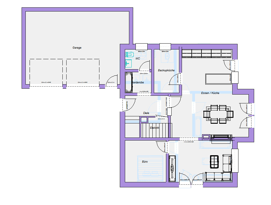 Grundriss eines Hauses: Große Garage, Diele, Garderobe, WC, Backküche, Essen/Küche, Büro.