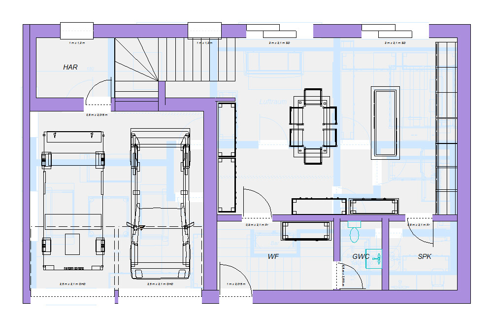 Grundriss eines Hauses mit Doppelgarage, Treppe, Wohn- und Essbereich.
