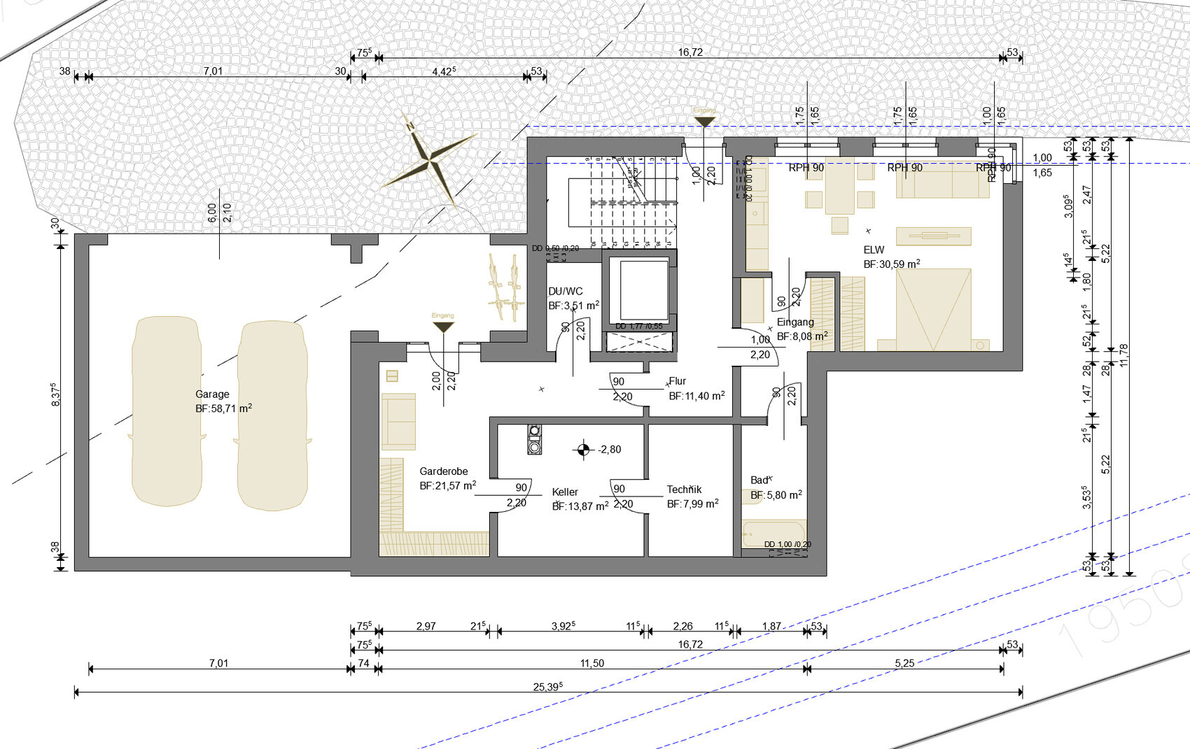 Grundriss eines Hauses mit Garage, Einliegerwohnung, Flur, Keller, Technik, Bad und Garten.