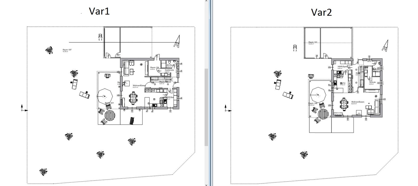 Beide Grundrisse Var1 und Var2 eines Hauses mit Wohnzimmer, Küche, Schlafzimmern und Garten.