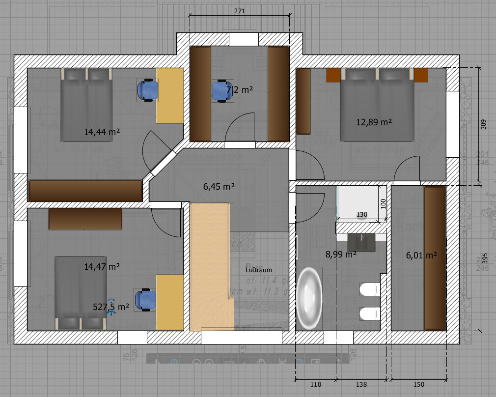 Grundriss eines Wohnhauses: Zimmer, Betten, Bad mit Badewanne, Möbel und Maße.