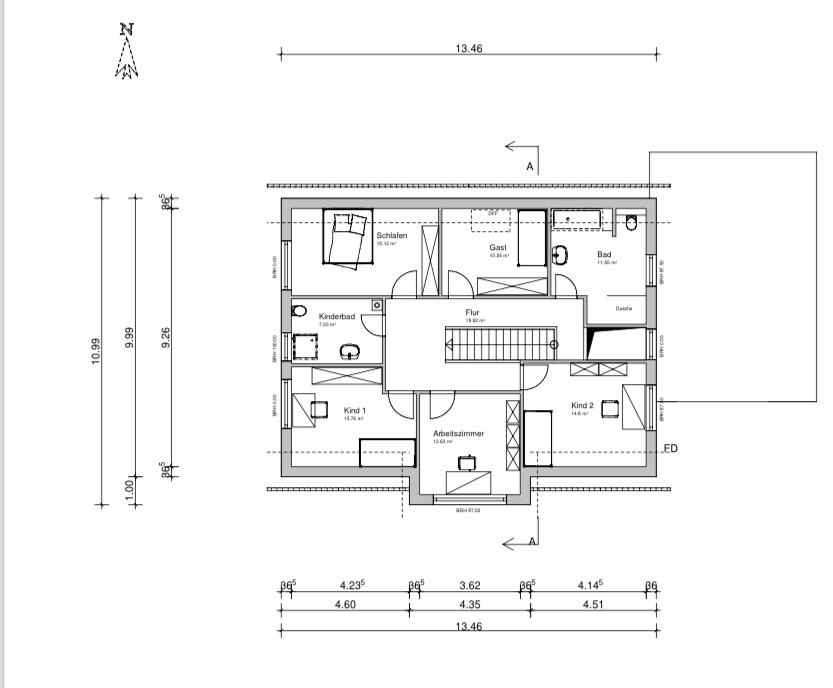 Grundriss eines Hauses mit Schlafzimmer, Gästezimmer, Kinderbad, Arbeitszimmer, Flur, Kind 1, Kind 2