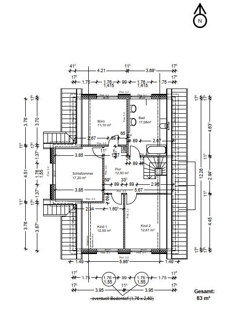 Grundriss einer 83 m² Wohnung mit Büro, Schlafzimmer, 2 Kinderzimmern, Bad und Flur.