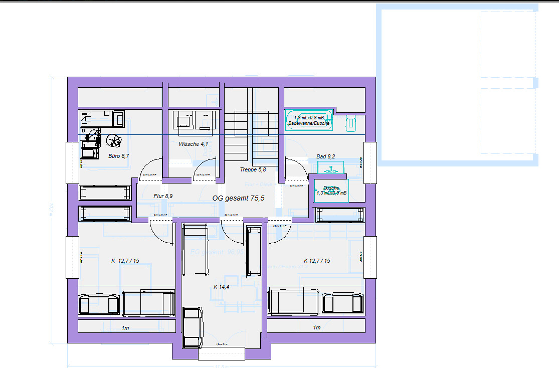 Grundriss des OG eines Wohnhauses mit Büro, Wäsche, Küche, Flur, Bad und Treppe.