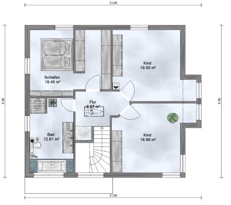 2D-Grundriss eines Wohnhauses mit Flur, Schlafzimmer, Kinderzimmer und Bad