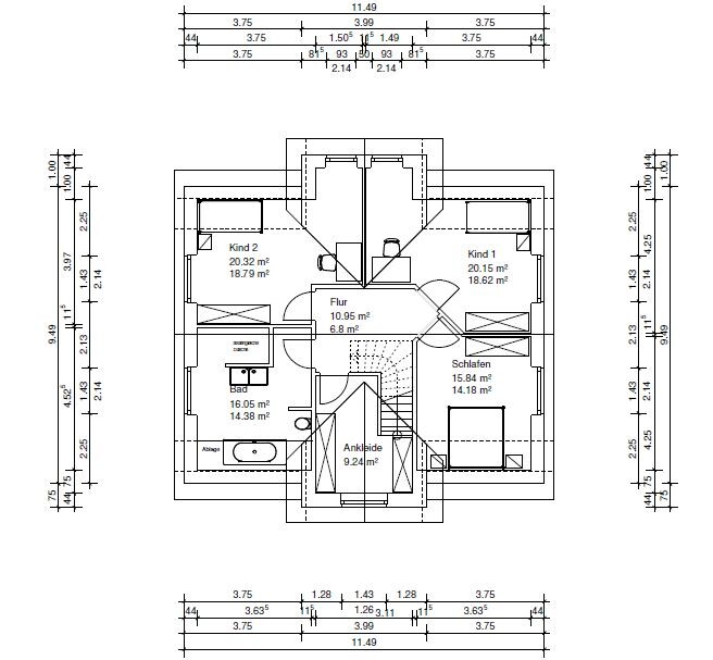 Obergeschoss-Plan mit Flur, Schlafen, zwei Kinderzimmer, Bad und Ankleide.